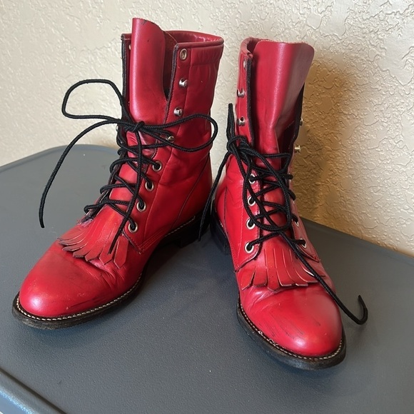 Justin Roper Boots Size 5 Red Leather Lace Up Western Kiltie L0503 Vintage - Picture 8 of 11